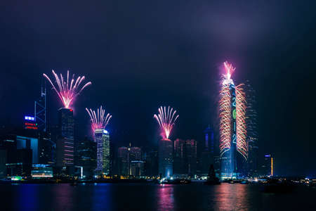 Hong Kong - January 1, 2012. The 2012 New Year celebration festive firework in Hong Kong. View across the Victoria Bayのeditorial素材