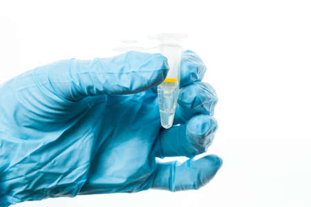 Gloved hand holding an Eppendorf test tube with a DNA sample  Isolated over whiteの写真素材