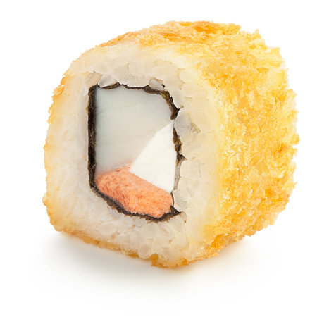 Deep-fried Japanese roll with sea scallop, salmon, creama cheese, crispy breading  - isolated over white - with shadowの写真素材