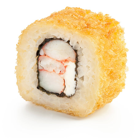 Deep fried Japanese roll with crab, shrimp, cream cheese and crispy breading - isolated over white - with shadowの写真素材
