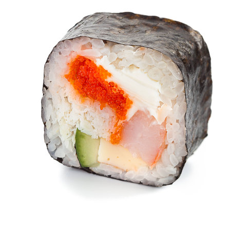 Traditional japanese futomaki roll stuffed with tobiko caviar, cream cheese, tomago omelet, cucumber, crab meat and shrimpの写真素材