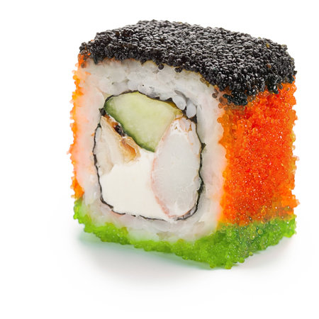 Coloured caviar coated uramaki roll stuffed with crab meat, cucumber, smoked eel, cream cheeseの写真素材