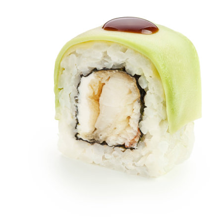 Japanese uramaki roll with avocado, omelet, cream cheese, unagi sauce  and smoked eelの写真素材