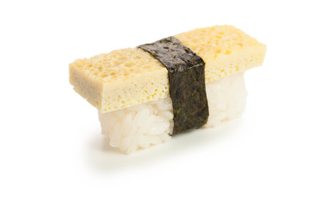 single served tomago nigiri sushi made of traditional japanese omelet - isolatedの写真素材