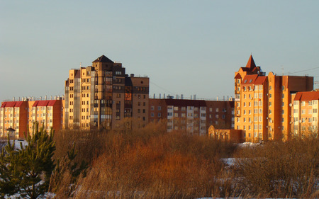 outskirts of the small town of sunlight illuminatedの写真素材