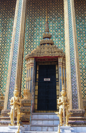 Entrance to the temple with statues on each sideの写真素材