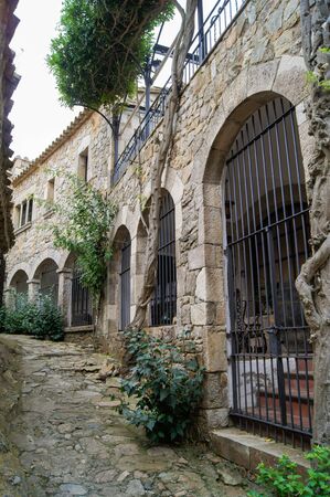 arched openings with a lattice in a stone wallの写真素材