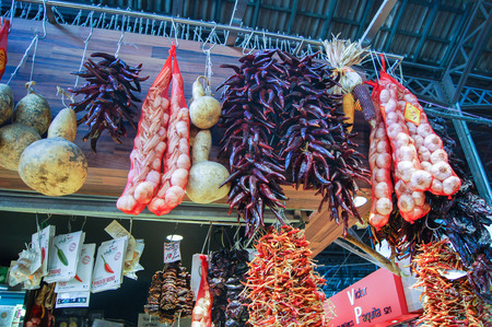 Barcelona market, Spain - August 1, 2015.Pavilion with peppers, onions and other spices.のeditorial素材