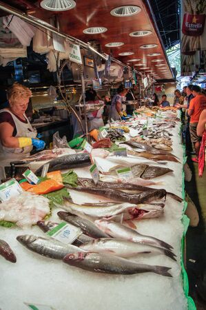 Barcelona market, Spain - August 1, 2015.Fish trays on the market.のeditorial素材