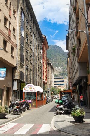 Giverola, Andorra - July 29, 2015.Parking motorcycles in the street of the city with views of the mountain.のeditorial素材