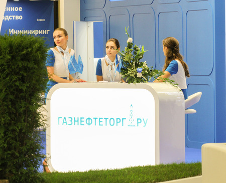 Bored spokeswoman. St. Petersburg, Russia - 7 October, 2015.Expo forum. International Gas Forum.のeditorial素材