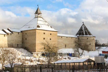 The fortress with towers in the Old Ladoga. Staraya Ladoga, Russia - 23 February, 2016. Tourist places in the great ancient route from the Vikings to the Greeks.Staraya Ladoga fortress. Gold ring of Russia.のeditorial素材