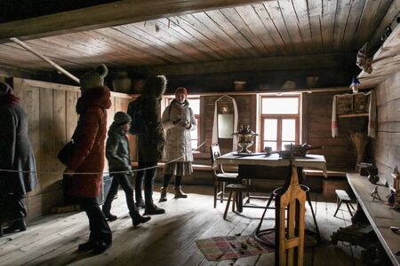 Customers visiting the historic interiors. The interiors of the museum of wooden architecture "Vitoslavlice".のeditorial素材