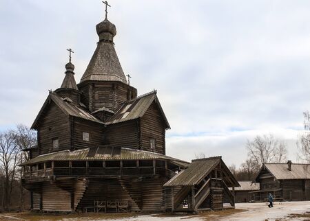 The wooden church of the Nativity of the Virgin (XVI century) Museum of Old Russian wooden architecture in the open air near Novgorod the Great, "Vitoslavlitsy".のeditorial素材