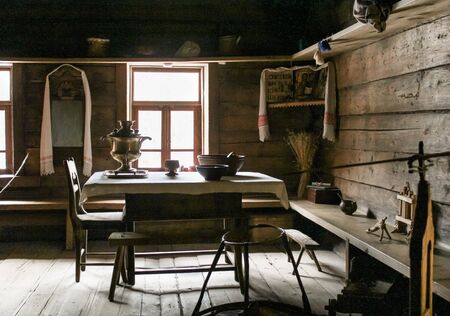 A fragment of the old rooms. The interiors of the museum of wooden architecture "Vitoslavlice".のeditorial素材