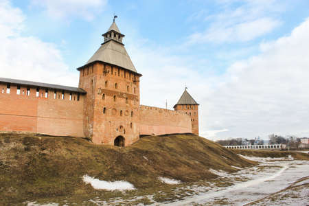 The earth wall in front of the Kremlin walls. Types of towers and walls of Kremlin in Veliky Novgorod.のeditorial素材