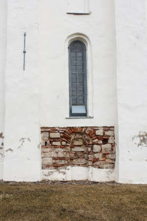 Fragmnt ancient masonry in the wall of the church. Yuriev Monastery and the surrounding neighborhood of Novgorod.の写真素材