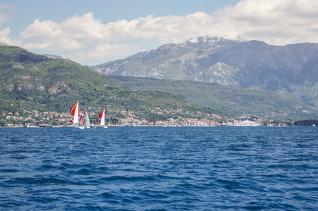 Seascape with boats. Sea race on yachts in the Bay of Kotor Adriatic Sea.の写真素材