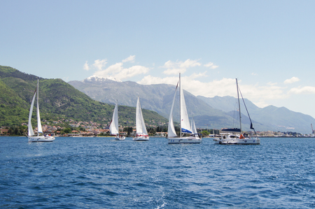 Seascape with yachts. Sea race on yachts in the Bay of Kotor Adriatic Sea.のeditorial素材