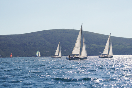 Race yacht to the shore. Sea race on yachts in the Bay of Kotor Adriatic Sea.のeditorial素材