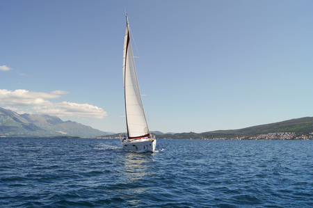 The boat in the sea bay. Sea race on yachts in the Bay of Kotor Adriatic Sea.のeditorial素材