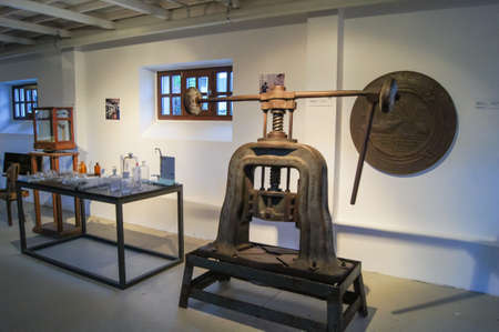 The old mechanical press. Tools and machines in the museum in the city of Tivat.