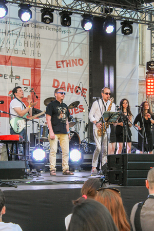 Musicians on stage with white floodlights. Annual international festival of jazz and blues in St. Petersburg.のeditorial素材