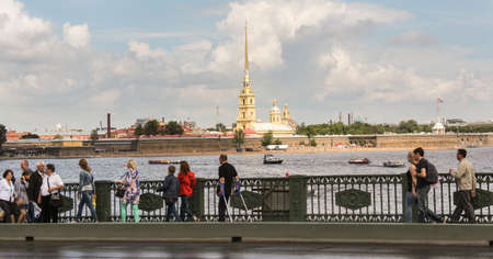 Palace Bridge and Peter and Paul Fortress. Festive day of the Navy in St. Petersburg.