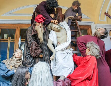 The composition of the crucifixion of Christ. Wax Museum Gallery Bolshoi Gostiny Dvor in St. Petersburg.のeditorial素材
