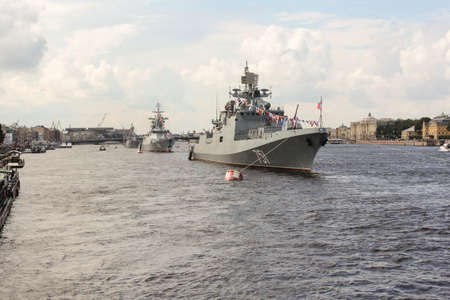 Festive parade of warships. Festive parade of warships on the Neva River in St. Petersburg.のeditorial素材