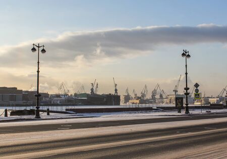 View of the sea port of St. Petersburg. Types of Winter St. Petersburg in sunny cold day.のeditorial素材