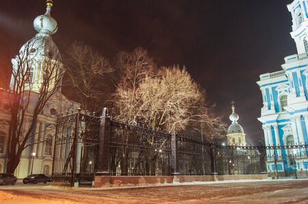 Historic Complex of Smolny Cathedral. Night views of St. Petersburg on a frosty Christmas.の写真素材