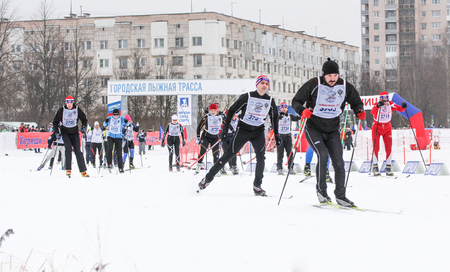 Group of skiers after the start. Traditional mass ski race Russian Ski Track.のeditorial素材