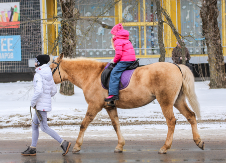 Horse and rider. People in the city at the traditional national holiday of Maslenitsa.のeditorial素材