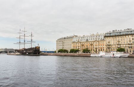 Ships at Mytninskaya embankment. Famous sightseeing places Petersburg for tourists.