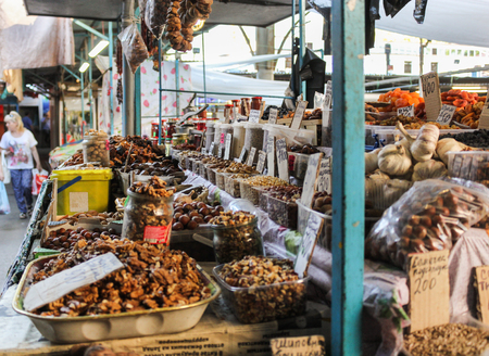 Counter with nuts. Products and people in the central market of Yalta.の写真素材