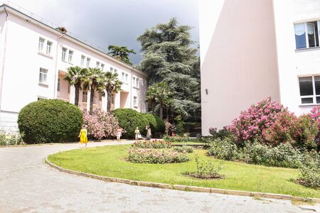 Buildings in a botanical garden. Lush vegetation of the Nikitsky Botanical Garden in the Crimea.の写真素材