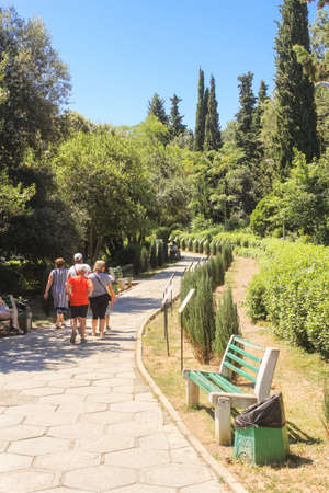 People walking along the path. Landscape park around the Levadsky Palace.