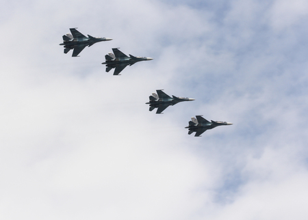 The festive parade of the air force on the Neva in St. Petersburg.