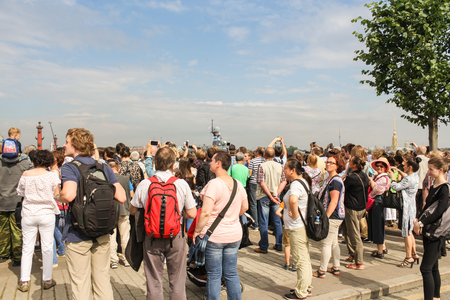 Festive parade of warships on the Neva River in St. Petersburg.のeditorial素材