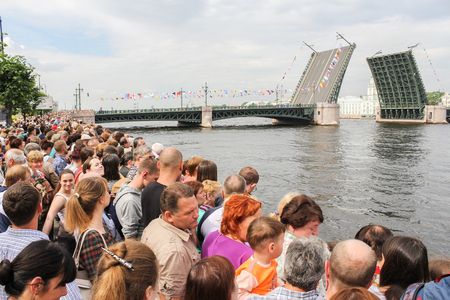Festive parade of warships on the Neva River in St. Petersburg.のeditorial素材