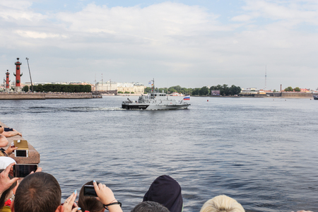 Festive parade of warships on the Neva River in St. Petersburg.のeditorial素材