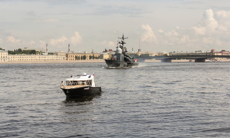 Festive parade of warships on the Neva River in St. Petersburg.のeditorial素材