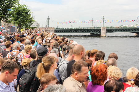 Festive parade of warships on the Neva River in St. Petersburg.のeditorial素材