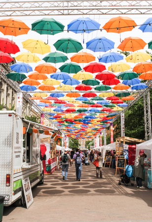 The city festival of colored umbrellas in Solyany Lane.のeditorial素材