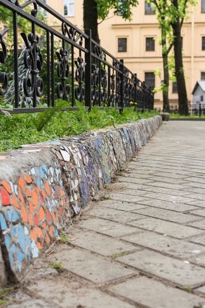Freely accessible for examination of the exposition of mosaic art in the courtyard of residential buildings.の写真素材