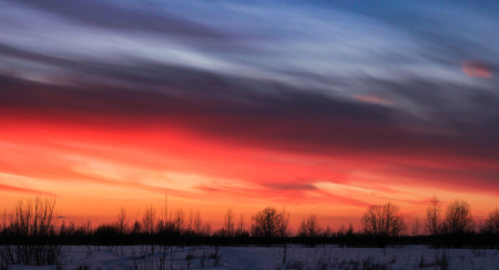A picturesque winter sunset in the snowy evening fields of fields.の写真素材