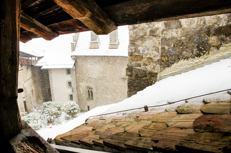 Chillon Castle in Montreux in the spring snowfall.のeditorial素材