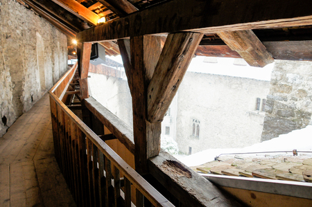 Chillon Castle in Montreux in the spring snowfall.のeditorial素材