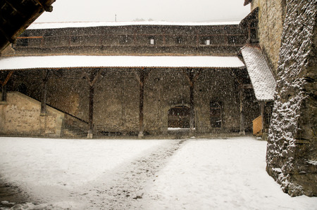 Chillon Castle in Montreux in the spring snowfall.のeditorial素材